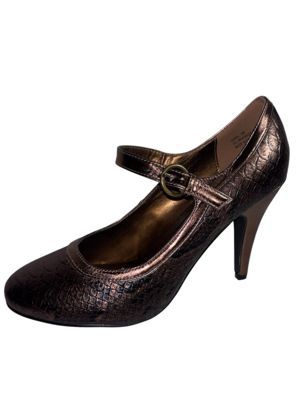 Romantic Soles Mary Jane Heels Copper Snake Print Buckle Closure Women’s Size 8W